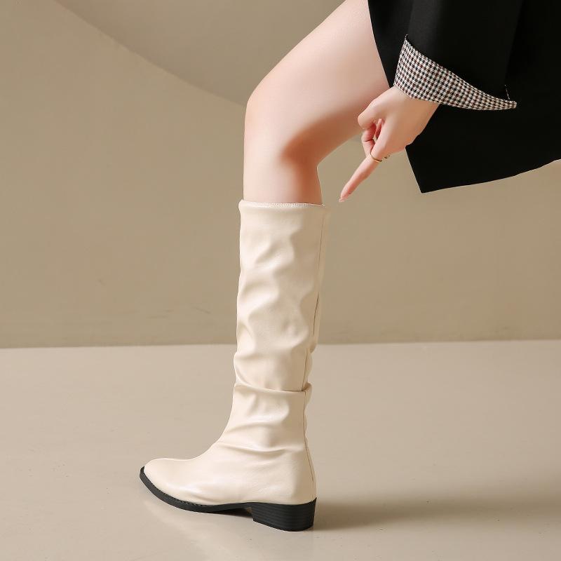 Stövel med tjock klack, plisserad skaft, långt skaft, riddarstövlar, damskor, nya vår- och höststövlar i västerländsk stil, smala, medelhögt skaft, långa stövlar