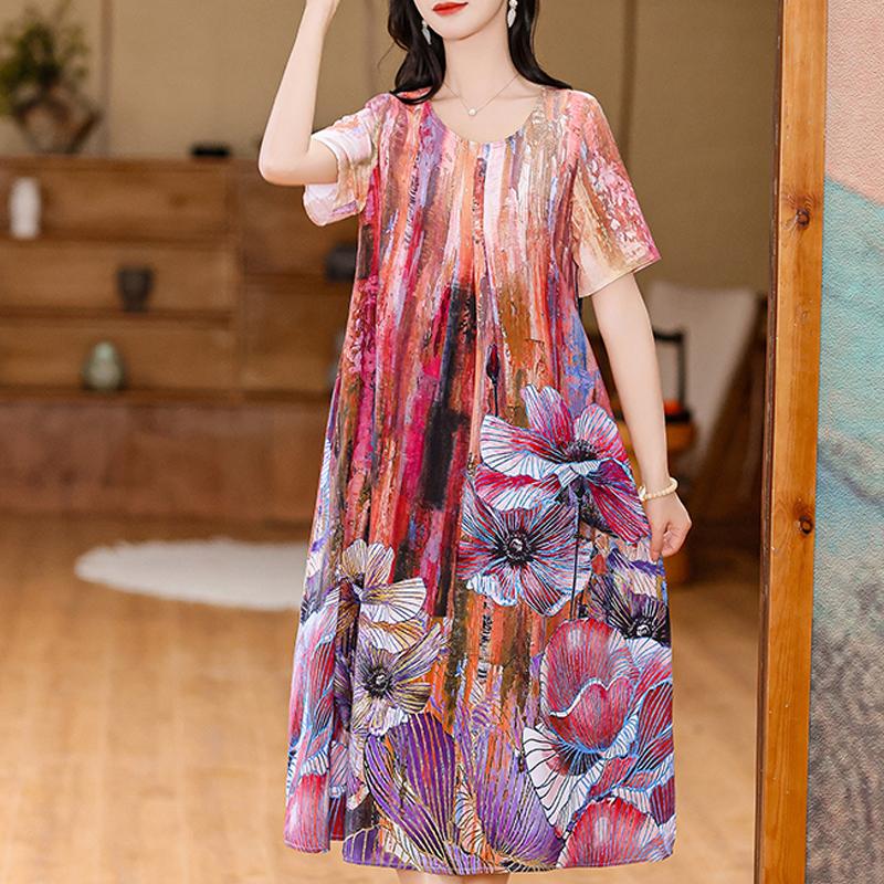 Summer Elegant Long Dresses for Women Plus Size Loose Short Sleeve Vintage Print Women's Dress