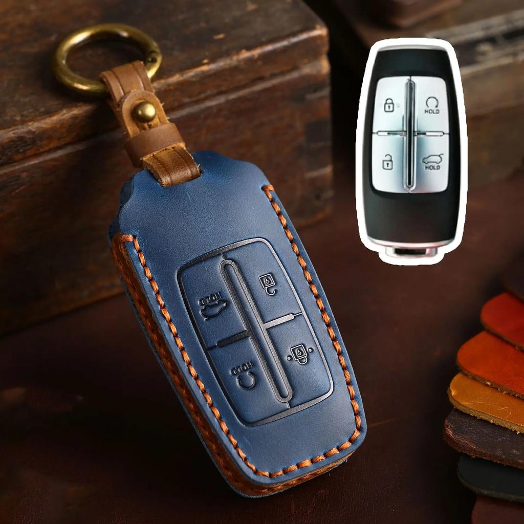 Top Grain Leather Key Cover for Genesis GV70 GV80 G90 - 4/6/8 Button Options w/ Metal Ring, Full Enclosed Anti-Scratch Protector