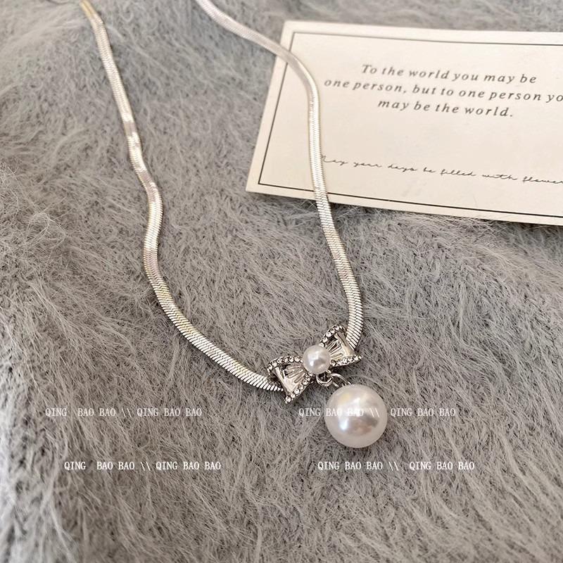 Premium Zircon Bow Pearl Necklace Sweet Cool Niche Versatile Temperament Sweater Collarbone Necklace Women