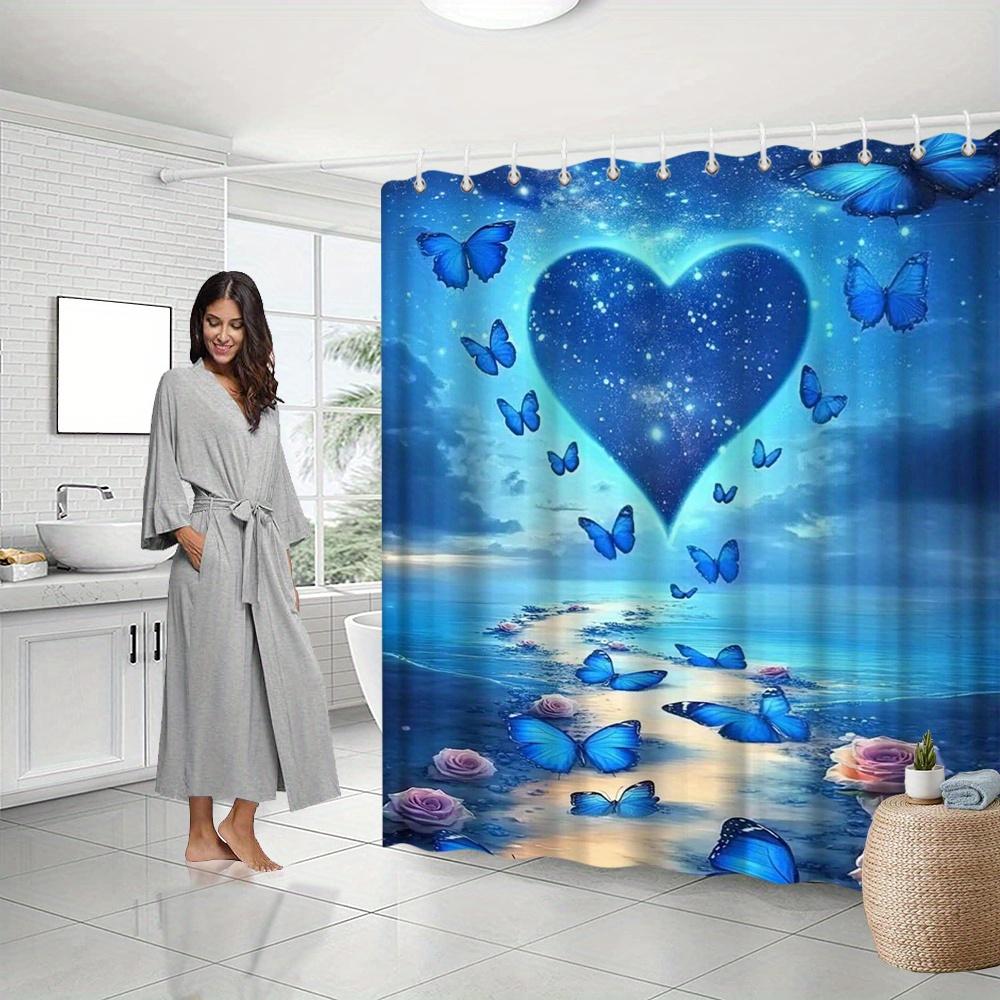 Beach Sunset Shower Curtain - Romantic Starry Night, Pink Roses, Blue Butterflies, Heart Constellation