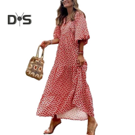 Women V Neck 3/4 Puff Sleeves Maxi Dress Bohemia Floral Print Stitching Flow Hem Loose Fit Beach Long Dress Casual Sundress