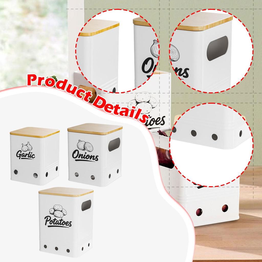 3 Pieces Garlic Storage Bin Kitchen Canisters Set Potato Onion Metal Vegetable Tins