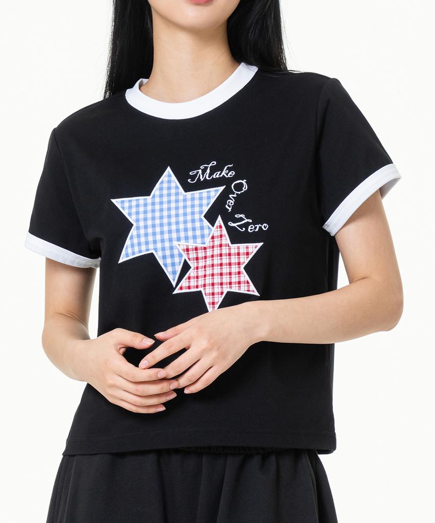 MOZMOZ Star Patch 2-Type Ringer Short Sleeve T-Shirt 2 Colors