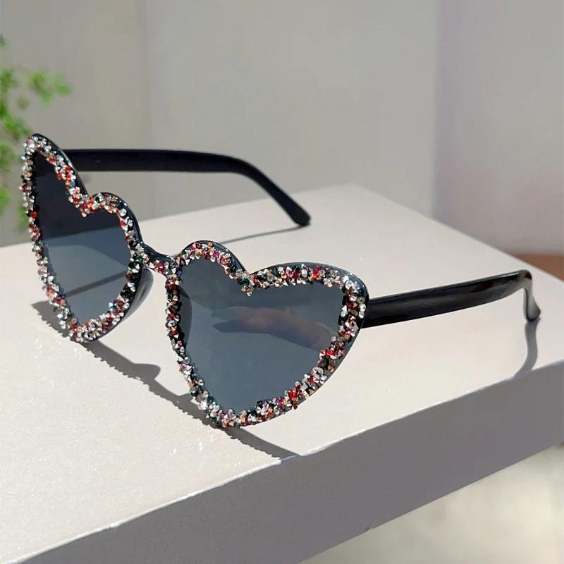 KAMMPT Heart Shaped Sunglasses with Rhinestones Women Stylish Candy Color Beach Rave Shades Trendy Sweet Handmade Sun Glasses