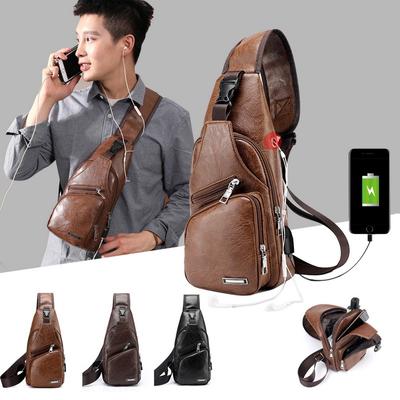 Men's USB Chest Bag Crossbody Bags PU Waterproof Designer Shoulder Bag Men Messenger Bags Leather Slingback  Fanny Pack Man