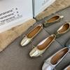 2025 Spring and Autumn New Bow Ballet Metal Silver Single Shoes Light Mouth Flat Bottom Granny Shoes Women