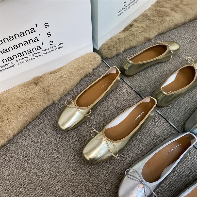 2025 Spring and Autumn New Bow Ballet Metal Silver Single Shoes Light Mouth Flat Bottom Granny Shoes Women