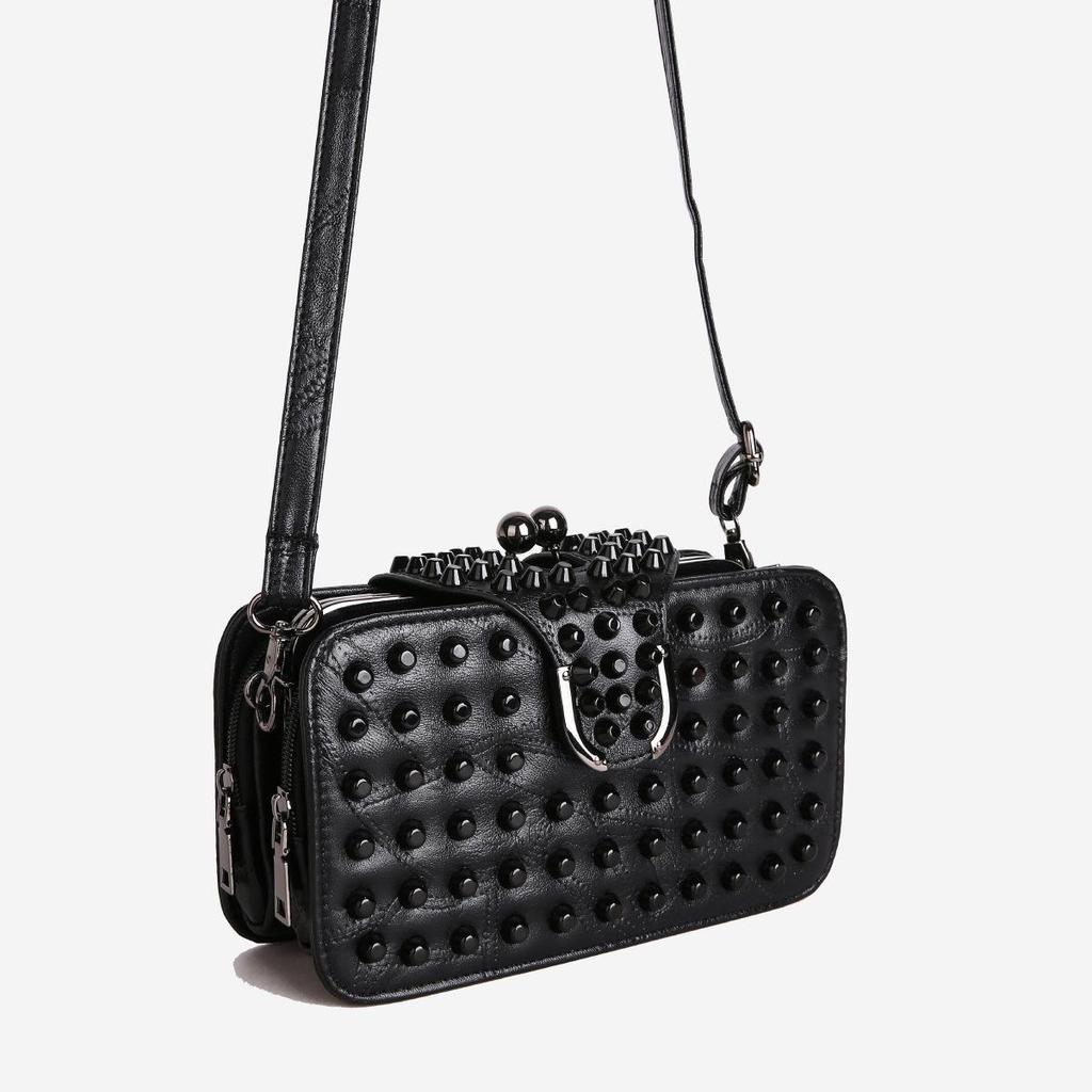 Gothic Style Textured Black Shoulder & Crossbody Bag with Rivets for Women