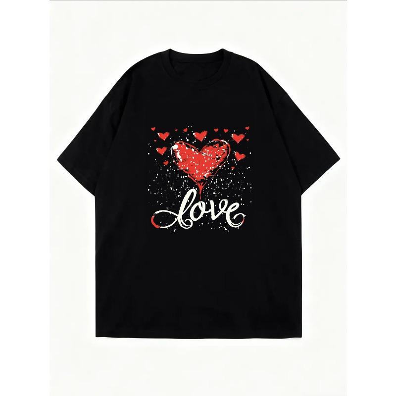 Crew Neck T Shirt White Heart Pattern And Love Text Valentine Day Casual Wear