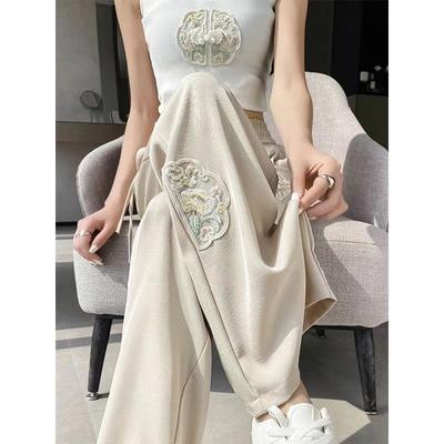 New Chinese Style Embroidered Wide-leg Pants for Women In Summer Thin High Waist Ice Silk Narrow Version Straight-leg Casual Pants for Women