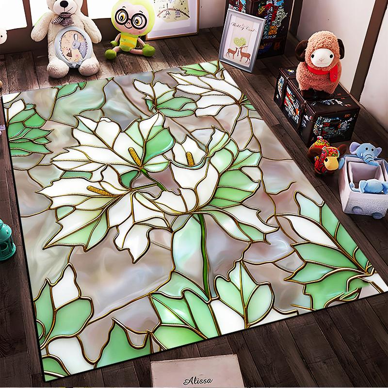 Stained Glass Effect Floral Carpet with Green and White Leaf Design Suitable for use as an anti-slip for living room bedroom sofas