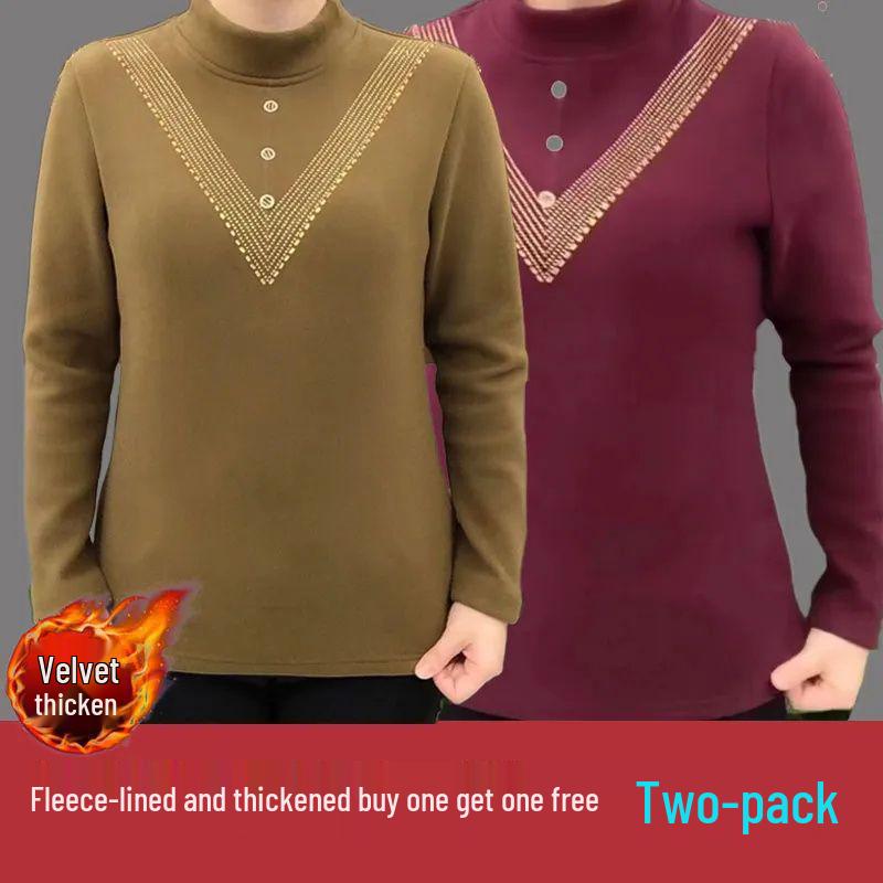 Double-Sided Threaded Velvet Rhinestone Slimming Semi-High Neck Top - Autumn/Winter Warm Base Layer