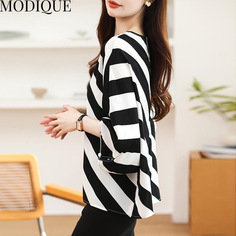 MODIQUE Printemps Été Grande Taille Femmes Casual Lâche Élégant Coton Soie Rayure Imprimé Chemisier T-Shirts Dame Mode Oversize O-cou À Manches Longues Pull