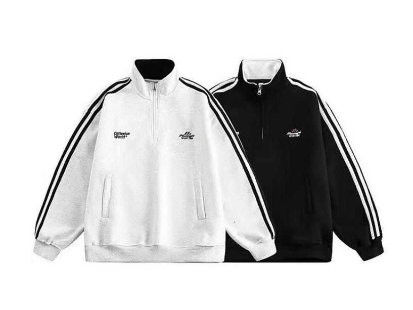 Unisex Fleece-Lined Stand Collar Half-Zip Hoodie: Thick, Embroidered, Trendy, Loose-Fit, Autumn/Winter, Heavy-Weight Jacket.