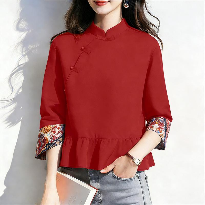 ZANZEA Damen Lässige Stehkragen Patchwork 3/4 Ärmel Retro Bluse