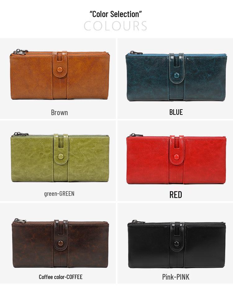 2025 RFID-Blocking Anti-Magnetic Women's Retro Oil Wax Leather Clutch/Long Wallet.