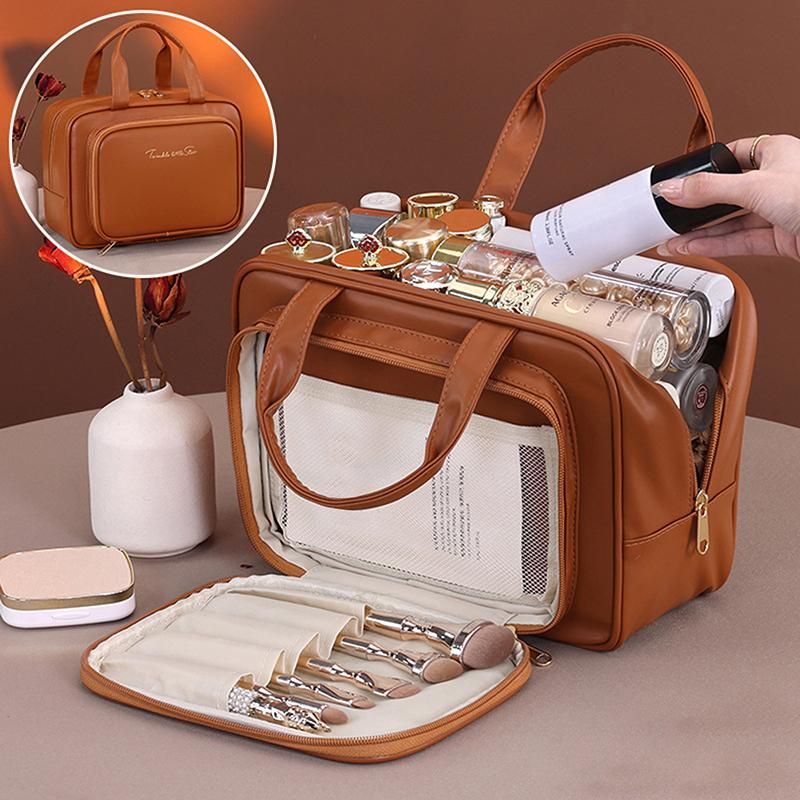 1 Stück Pu-Leder Doppelschicht-Make-up-Tasche Große Kapazität Kosmetiktasche Luxus-Kosmetik-Organizer Damen Reiseutensilien