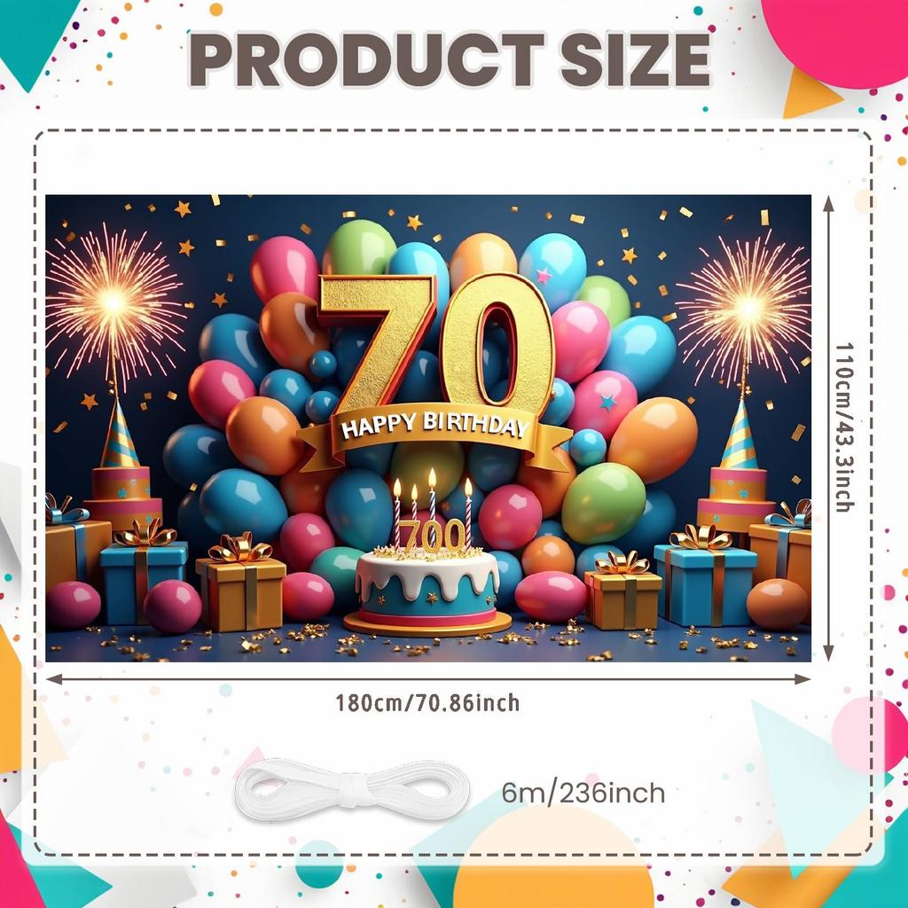 70th Birthday Banner Happy Birthday Display Golden Glitter Firework Pattern Birthday Backdrop for 70th Indoor Party Decoration