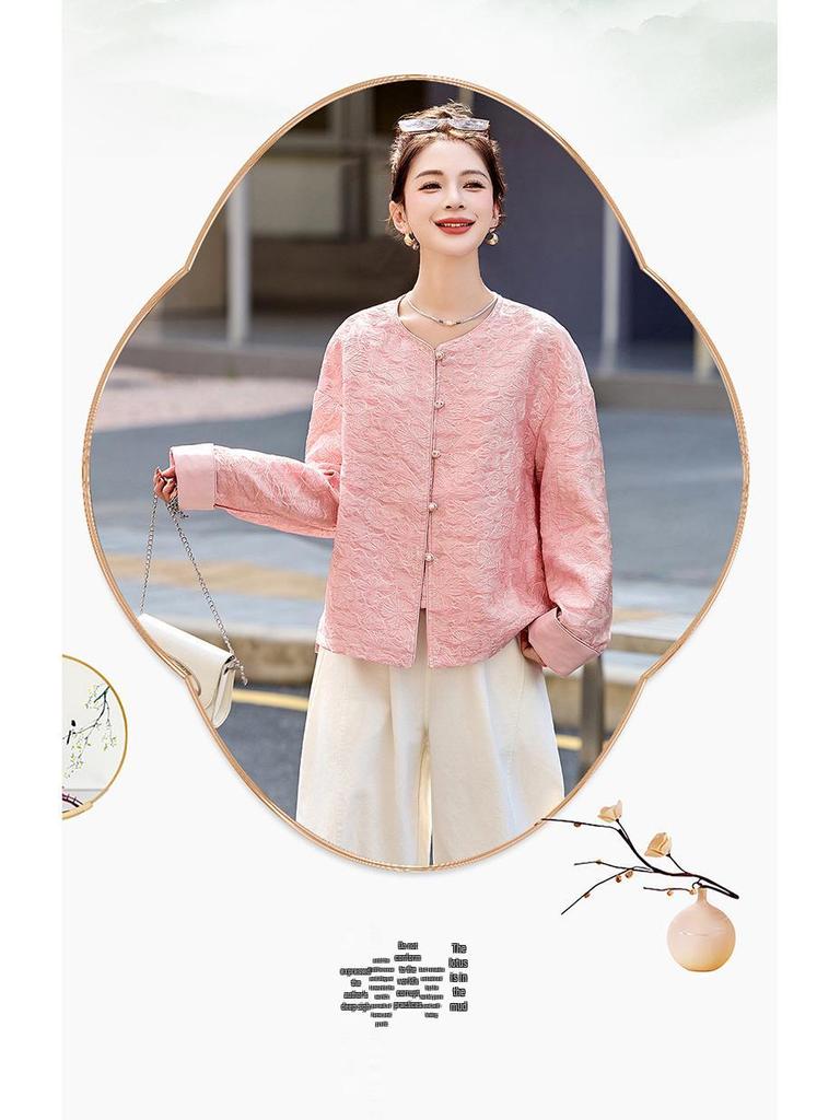 Spring 2025 Women's Chinese-Style Jacquard Round Neck Single-Breasted Short Jacket YB8863