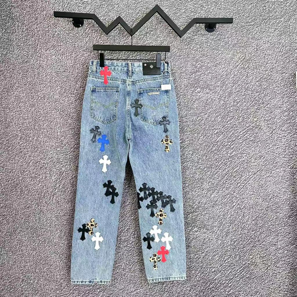 9913 Men's and Women's American Style Trendy Jeans with Fabric Patches, Holes, Embroidery, Casual and Fashionable High Street Pants