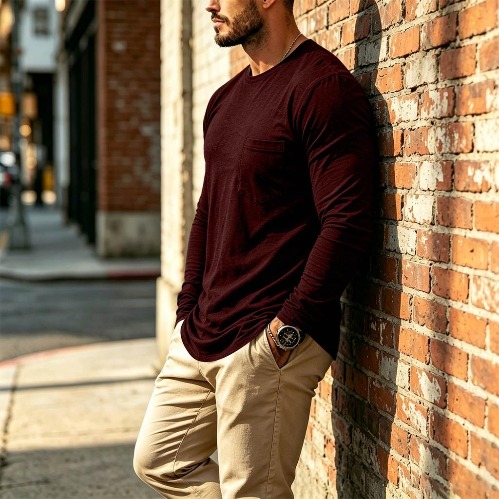 Men's Casual Long Sleeve Neck T-Shirt with Chest Pocket