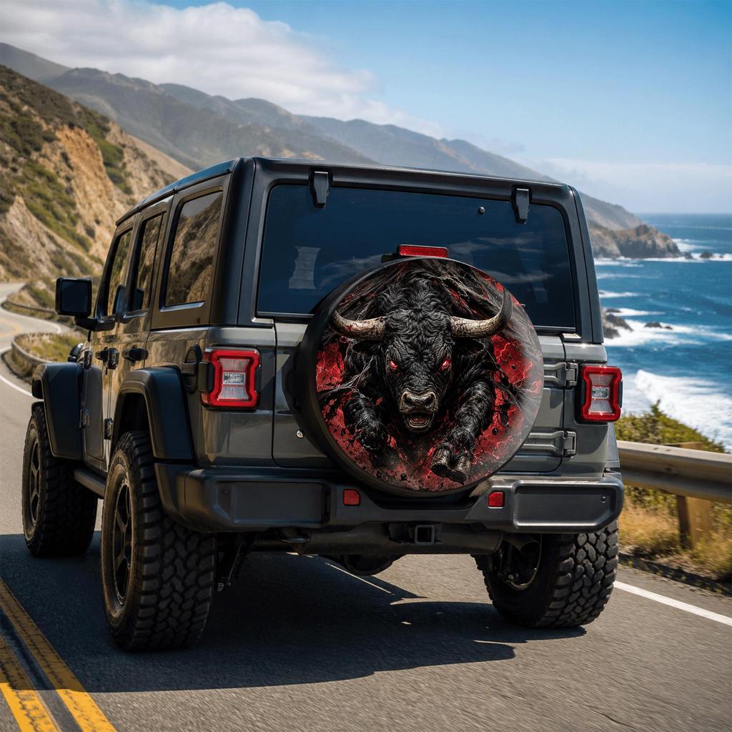 1pc Dark Demon Style Bull Print Car Tire Cover, Fashionable Universal Hub Protector, Spare Tire Protection, Perfect Fit, Easy Installation, Suitable f