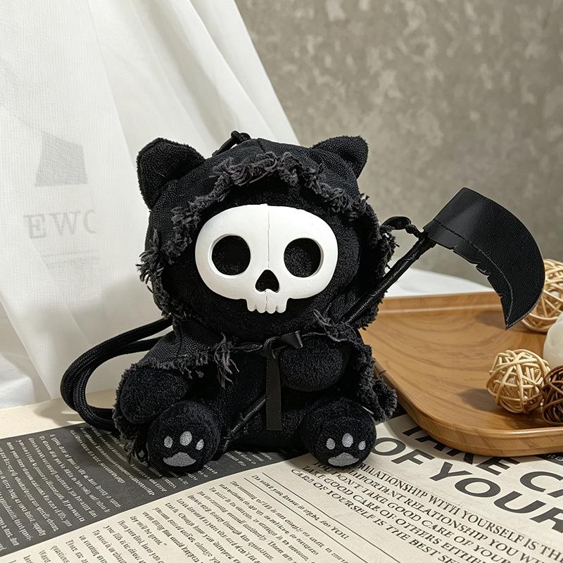 Grim Reaper Cat Plush Keychain Dark Style Skull Cat Doll Pendant With Scythe For Backpack Halloween Party Decoration Gift