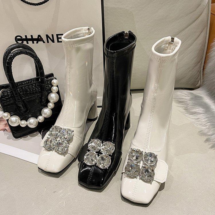Square Head Short Boots Female Internet Celebrity Rhinestone Thick Heel High Heels Patent Leather Thin Versatile Small Tube Elastic Boots