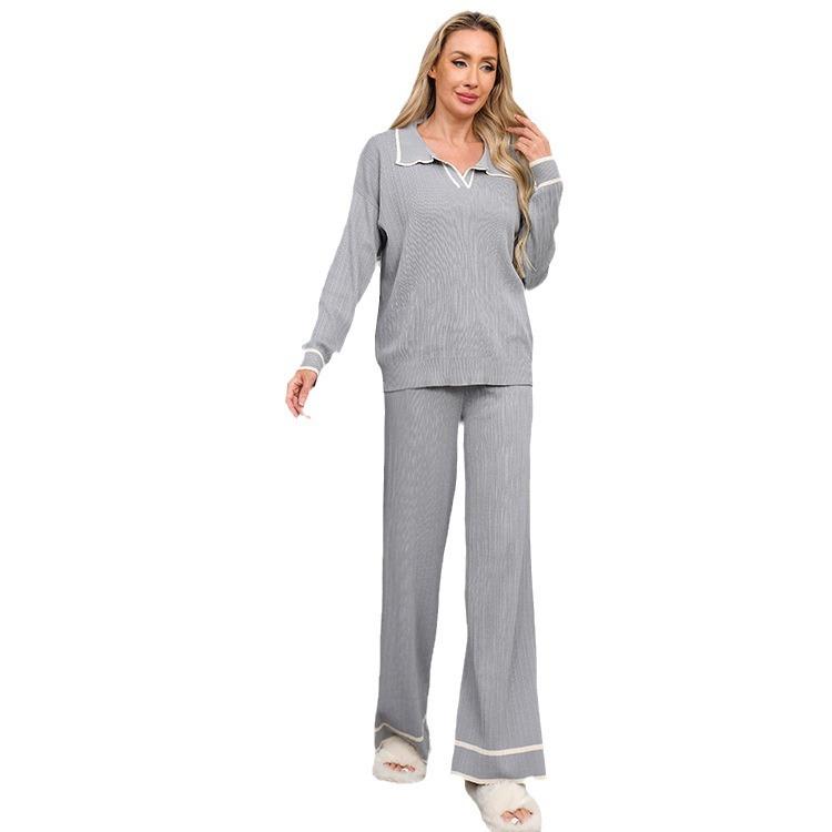 Women's Lounge Sets 2 Piece Outfits POLO V Neck Knitted Pullover Sweater Tops Wide Leg Pants Sets Tracksuit Chunky Fall Winter Sweatsuit for Women