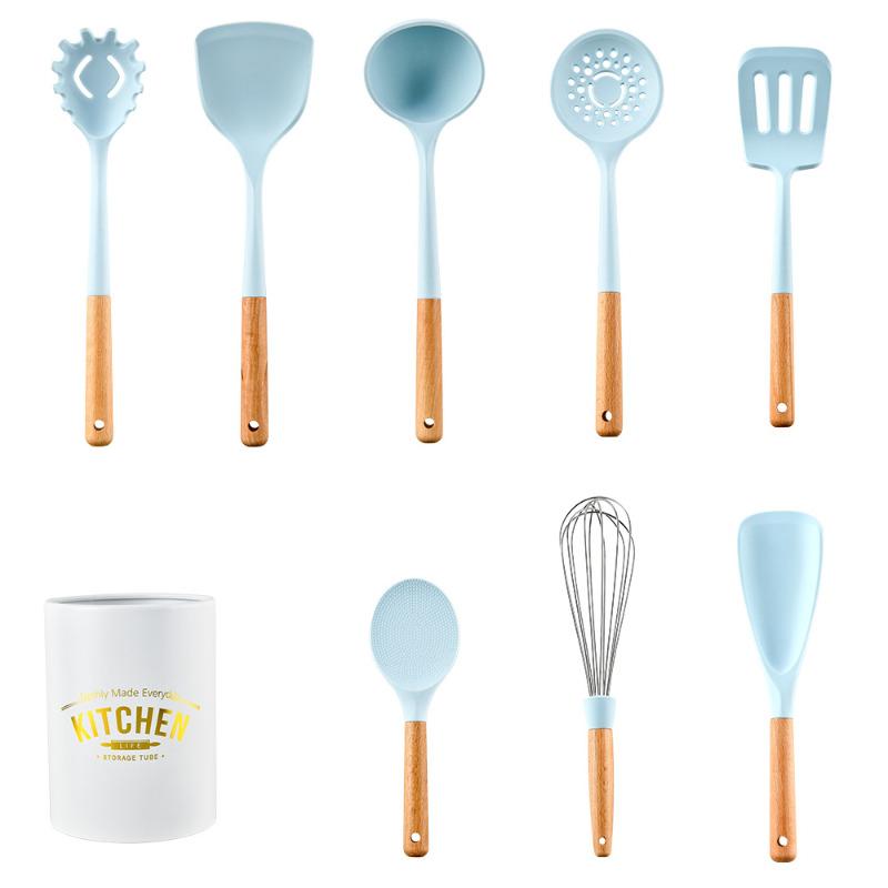 7/8/9/12PCS Silicone Kitchen Utensil Set Wooden handle Kitchen Cooking Baking Tools Kitchenware Accessories Storage Bucket