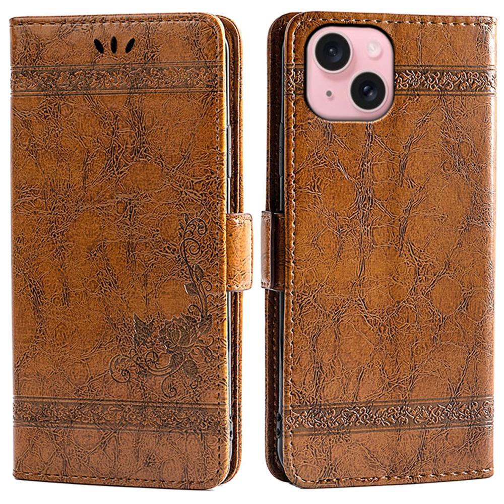 

For iPhone 14 Leather Case Flower Imprint Wallet Phone Cover with Side Buckle Brown