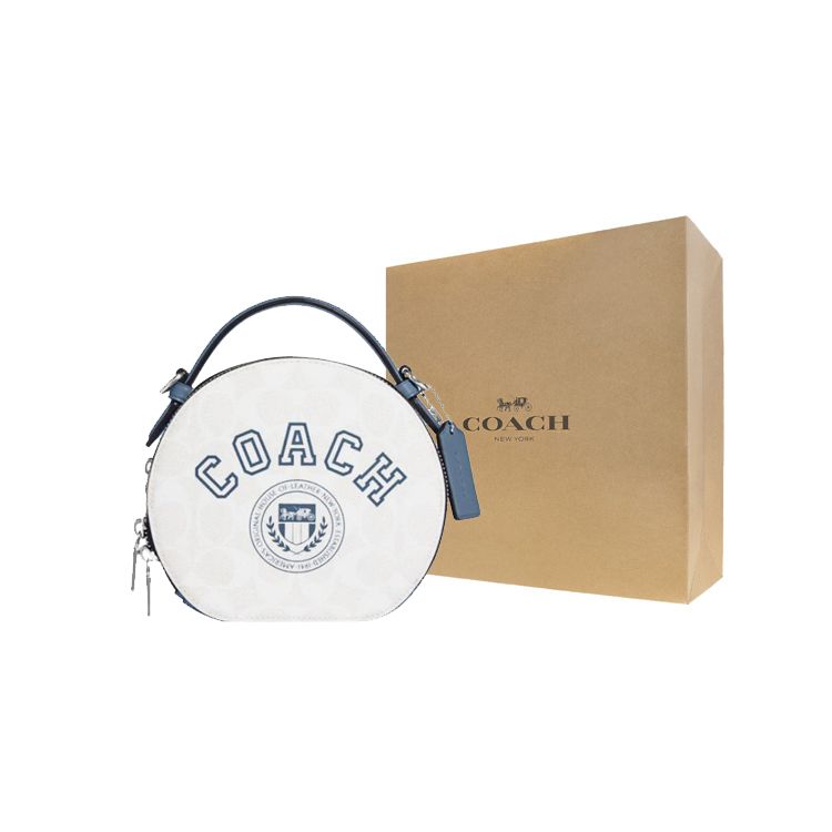 Coach Canteen 18 Double Zipper Closure Letter Print Faux Leather Handheld Shoulder Crossbody Bag Medium Women Bags Chalk-White Indigo CB870-SVUOB
