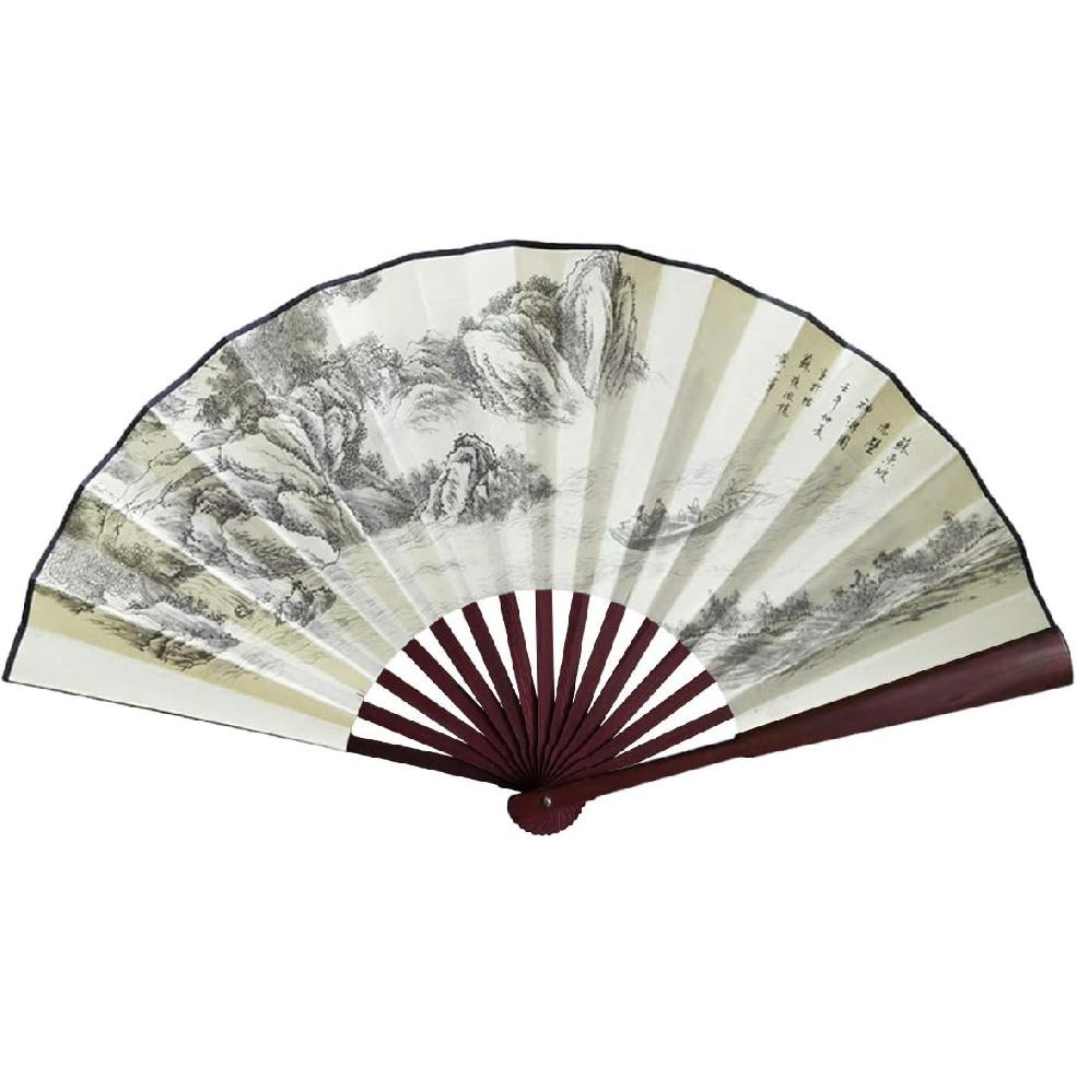 Large Folding Fan with Chinese Traditional Painting,Bamboo Fabric Hand Fans,with a Fabric Sleeve, for Performance,Decorations and Gifts,13inch