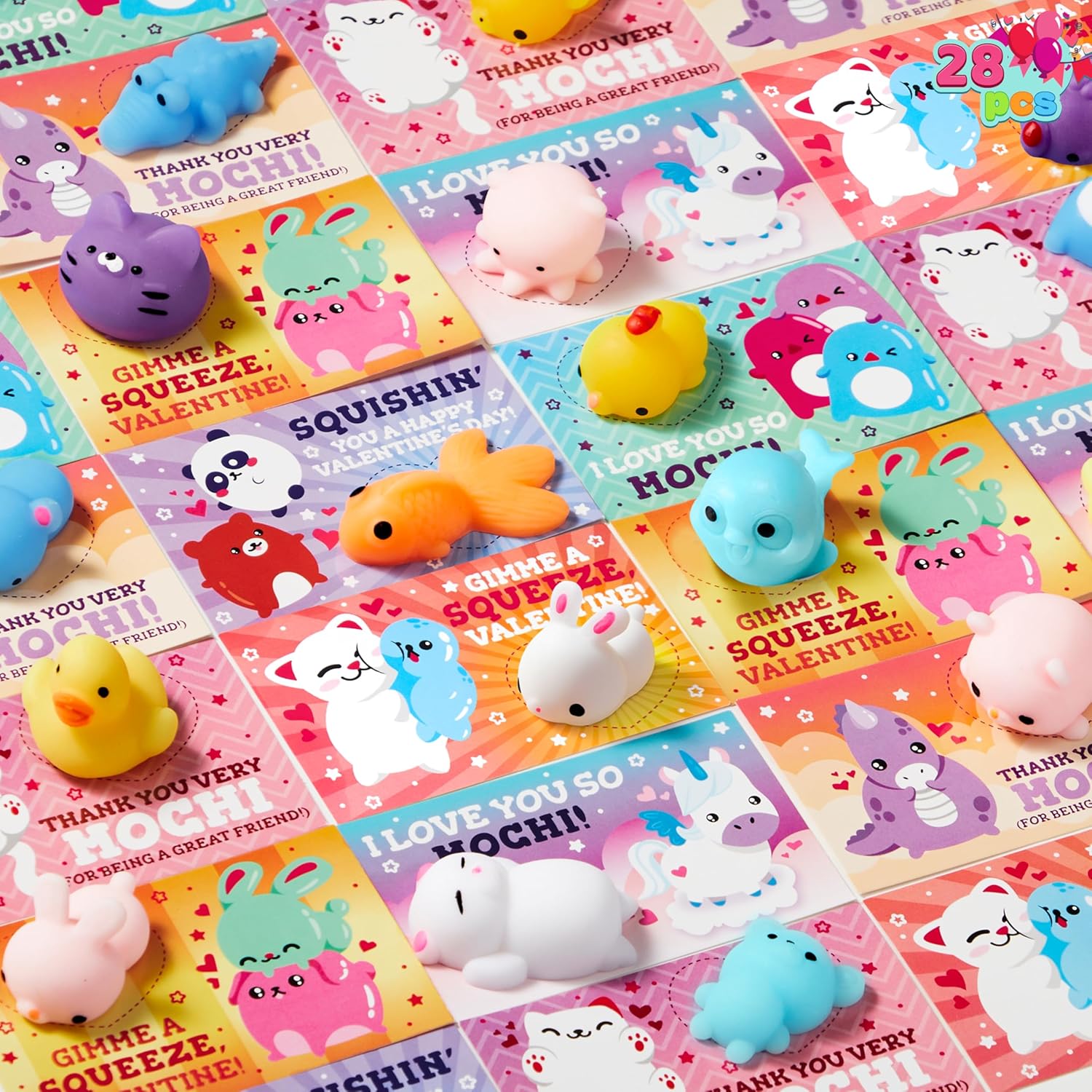 

28 Packs Valentines Day Cute And Charming Mochi Squishy Fidget Toy Present Cards Classroom Exchange Prizes Celebration Favors