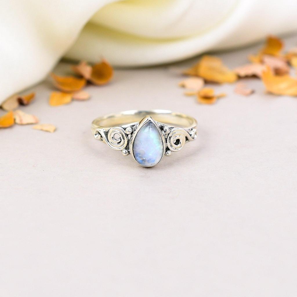 Rainbow Moonstone 925 Sterling Silver Pear Gemstone Boho Style Handmade Ring For Women