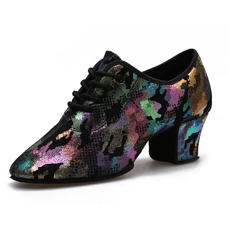 Ballroom Latin Dance Shoes Women Mid-Heeled Camouflage Dance Shoes Closed Toe Leather Teacher Shoes Tango Jazz Square