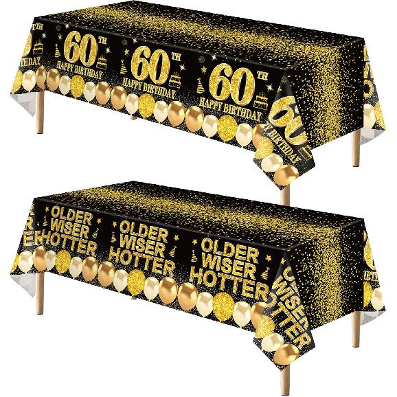 Eiurteao 2pcs 60th Birthday Tablecloth, Black Gold 60th Birthday Decorations for Men Women, Waterproof Plastic Rectangular Older Wiser Hotter Table