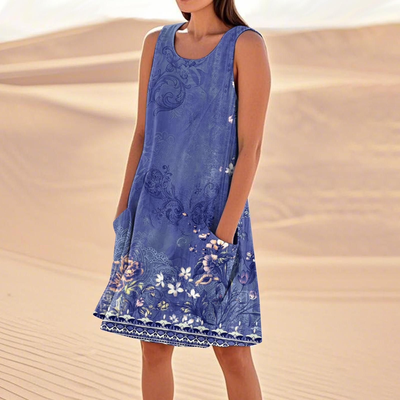 

Летние платья для женщин, свободные пляжные повседневные сарафаны без рукавов с карманами, платье-майка S