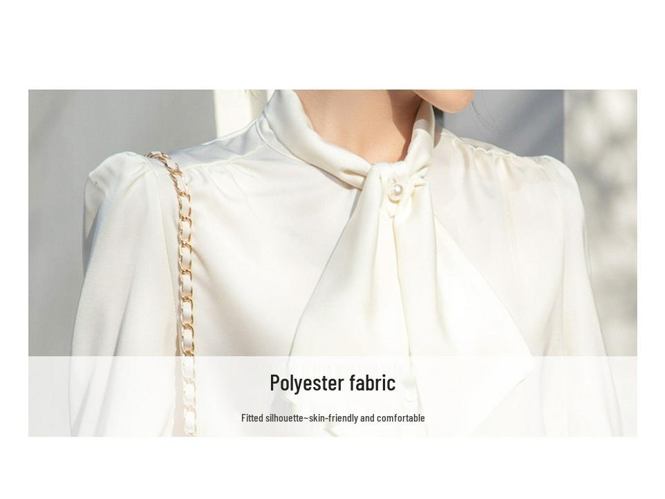 Women's Satin Long Sleeve Shirt with Ribbon Bow and Stand Collar - Spring 2026 Commuting Style.