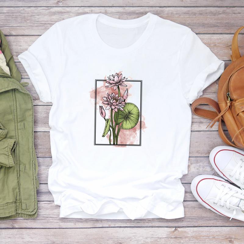 (European Size) 90s Lovely Tee Top Sweet Flower Trend Cute Clothing Short Sleeve Women Print Lady Female Fashion Tshirt Casual Graphic T-shirt