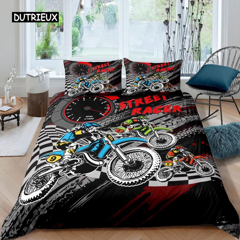 

Комплект постельного белья с 3D-принтом «Мотокросс» из микрофибры, красный, черный, с рисунком мотоцикла на тему экстремальных видов спорта, размер King Size EU single(135x200cm)