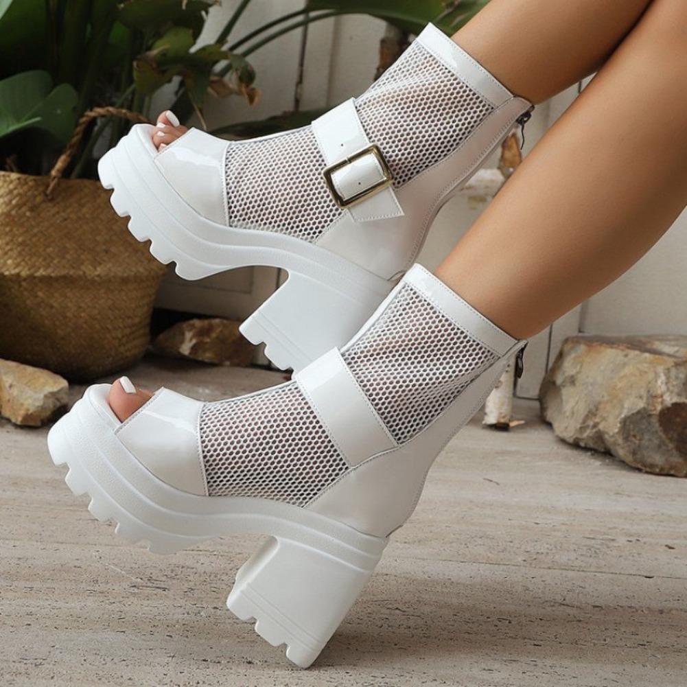 Fashion Chunky Heel Sandals Summer New Round Head Open Toe Splicing Mesh Metal Buckle Back Zipper Waterproof Platform High Heels