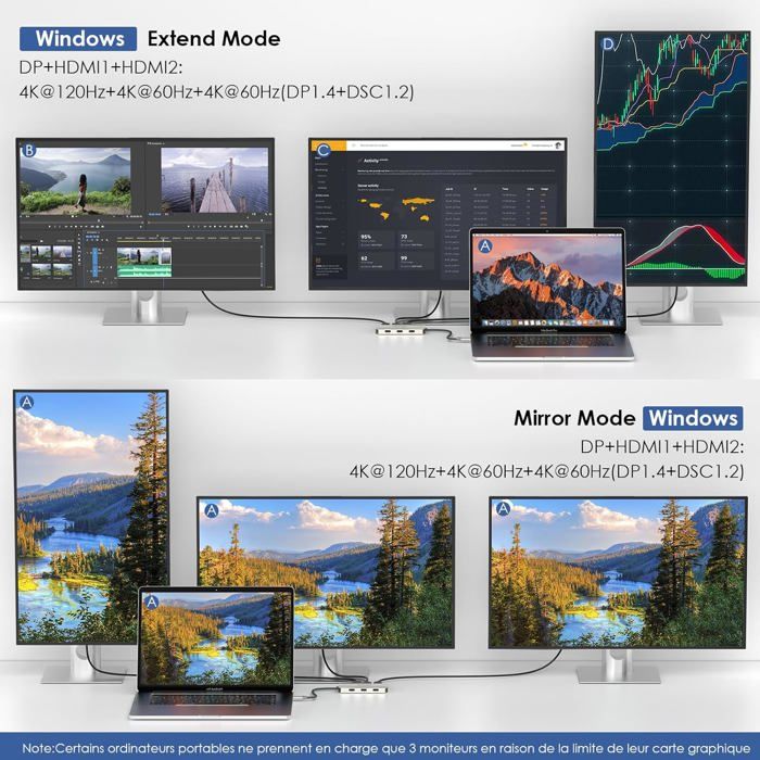 WAVLINK Station d'accueil triple 4K, HDMI/DP, 100W PD, USB-A pour Dell/HP/Lenovo, Windows