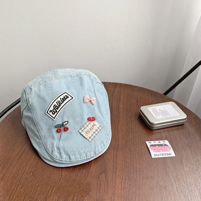 Девочкин джинсовый берет на весну/лето с бантом 56-58cm