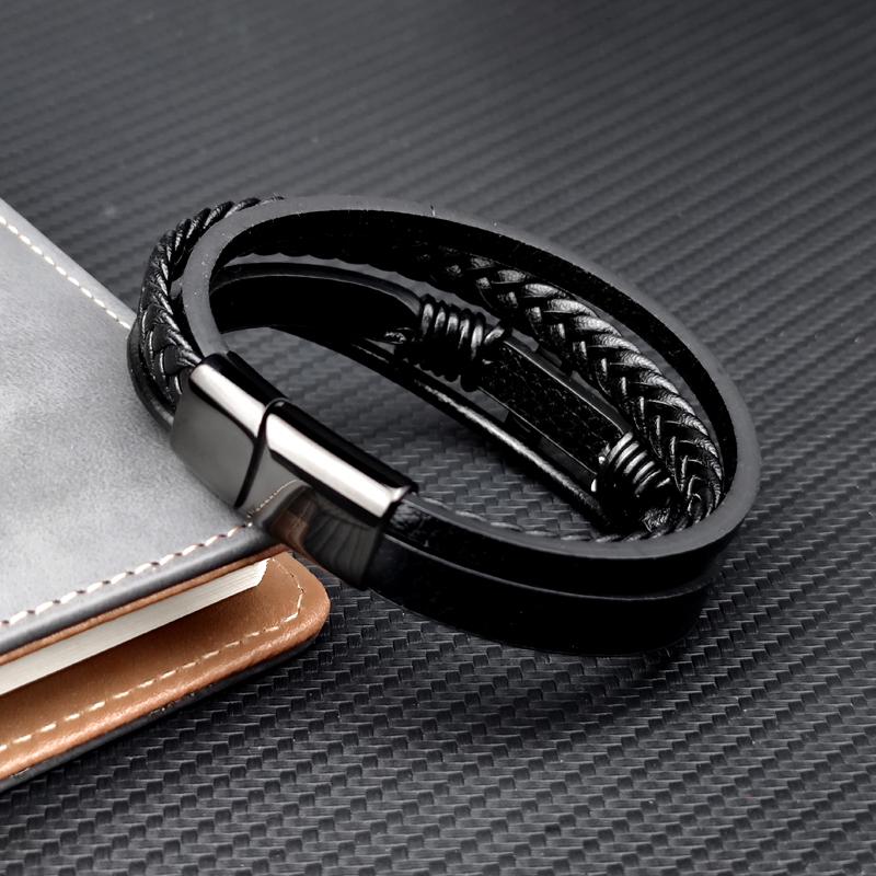 Charm Stainless Steel Leather Cross  Brown/black Bracelet Men Hiphop Jewelry Magnetic Clasp Mutilayer Male Cuff Wrap Bangle Gift