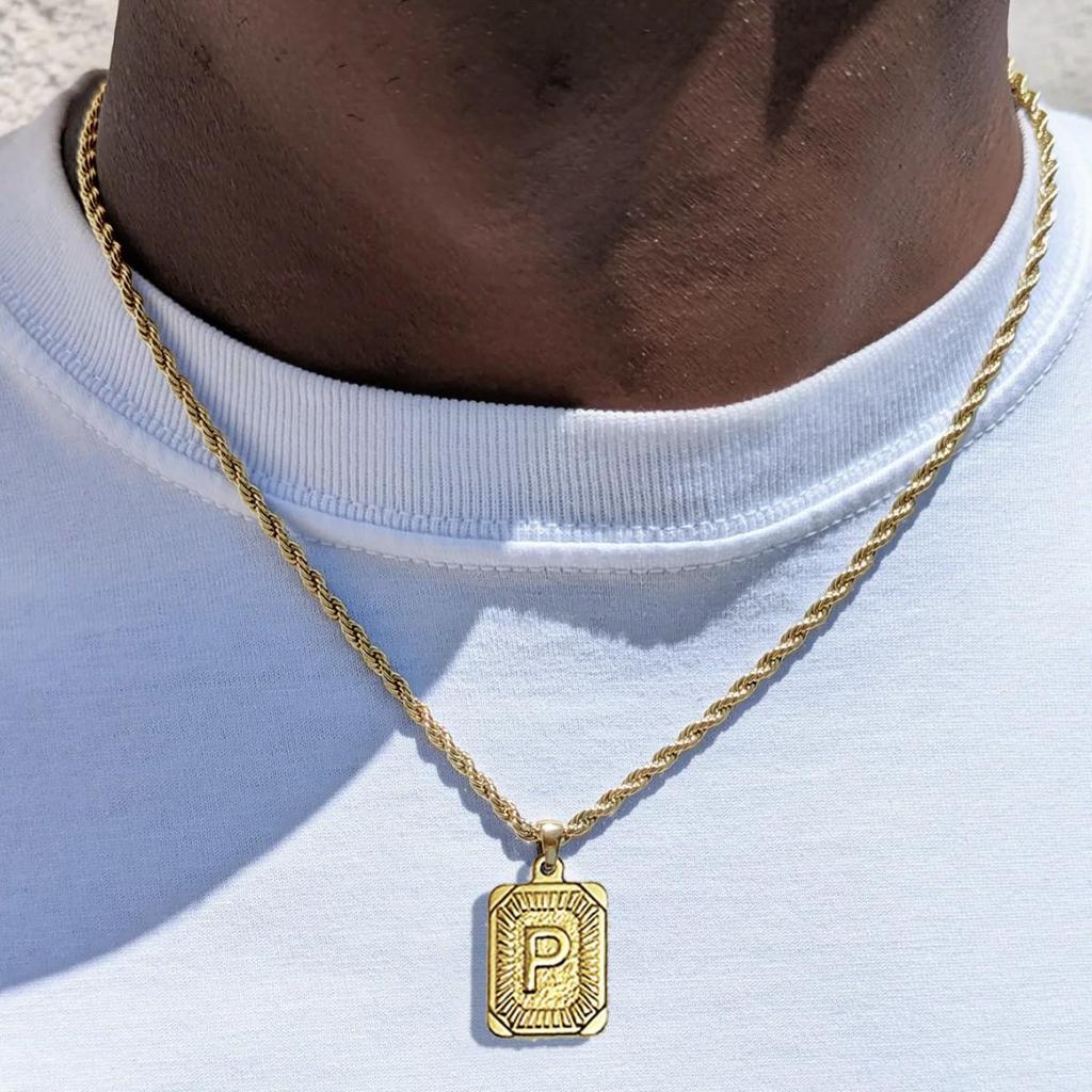 18K Gold Stainless Steel 26 Letter Pendant Necklace with Twisted Chain - Hip Hop Style