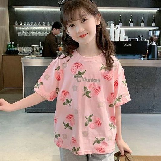 Girls Summer Korean Ice Silk Printed Short Sleeve T Shirt for Toddlers 100
