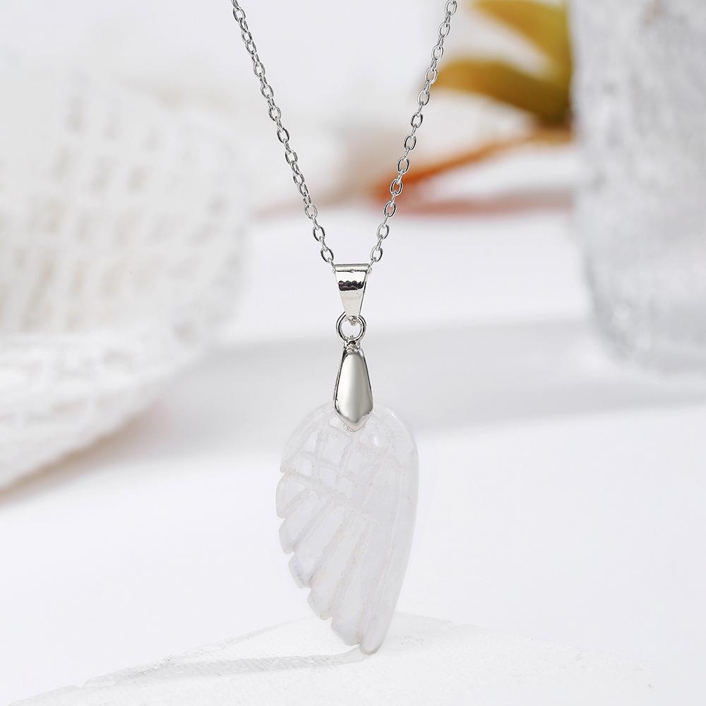 Natural crystal pendant, white crystal necklace, angel wing pendant, bohemian jewelry