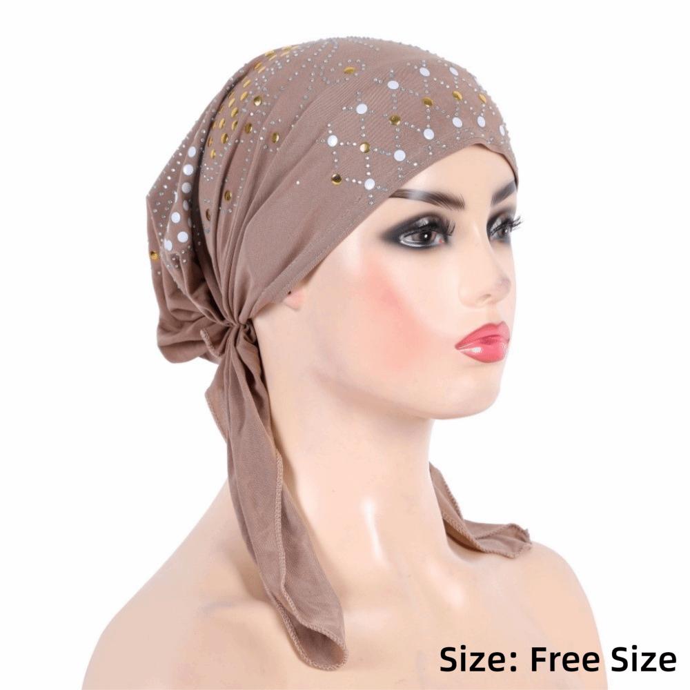 Fashion Gold Sequins Turban Hijab Cotton Solid Color Pull On Headwrap Breathable Soft Headscarf Hat